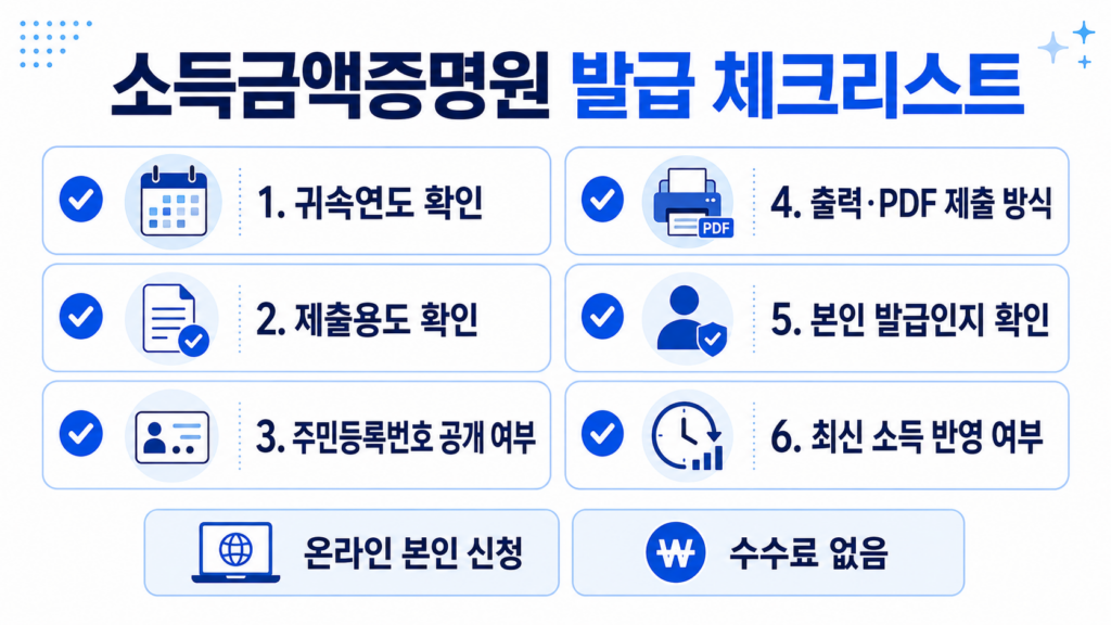 소득금액증명원 발급 전 귀속연도 제출용도 주민등록번호 공개 여부 확인