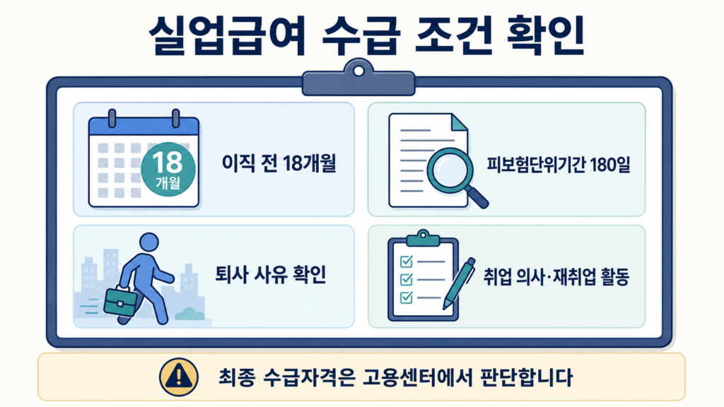 실업급여 수급 조건 피보험단위기간 180일 퇴사사유 구직활동 정리