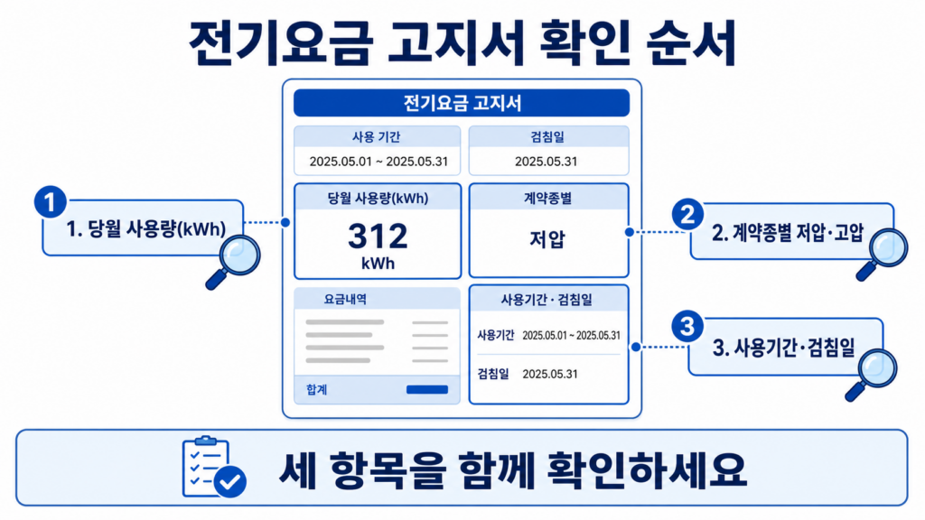 전기요금 고지서에서 사용량과 주택용 저압 고압 계약종별 확인 방법