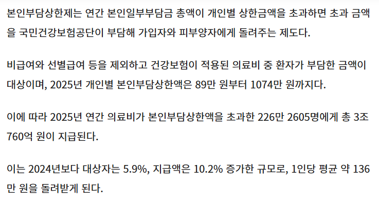 2025년 본인부담상한액 지급 대상과 환급 규모를 설명한 공식 안내 화면