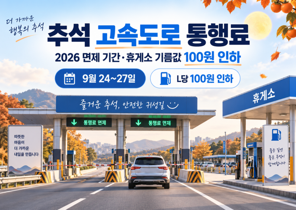 추석 고속도로 통행료 2026 면제 기간과 휴게소 기름값 100원 인하 안내 이미지