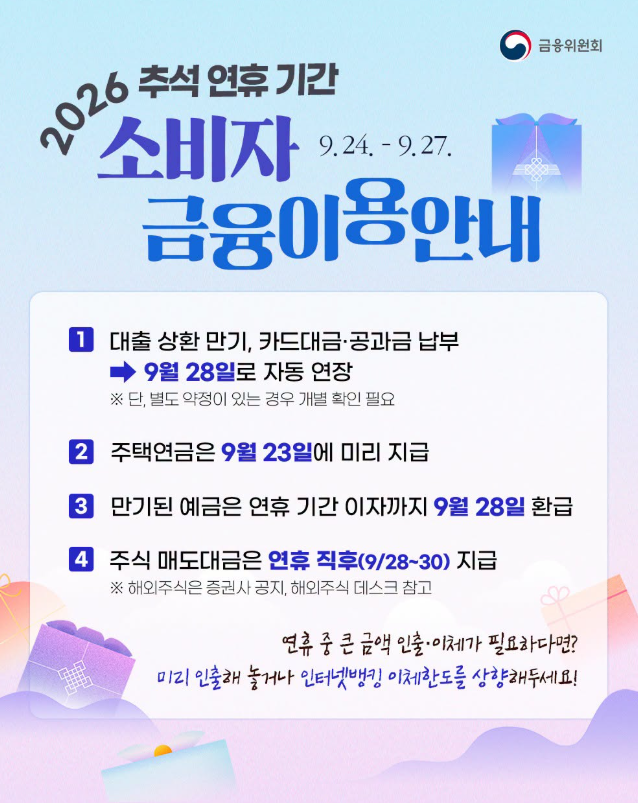 2026년 추석 대출 만기 카드대금 공과금 예금 지급 일정 공식 안내