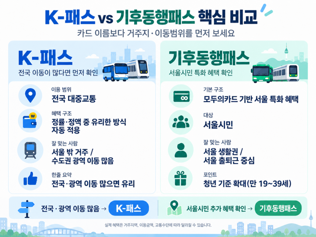 기후동행패스 K-패스 차이를 거주지역과 이동 범위로 정리한 핵심 비교표