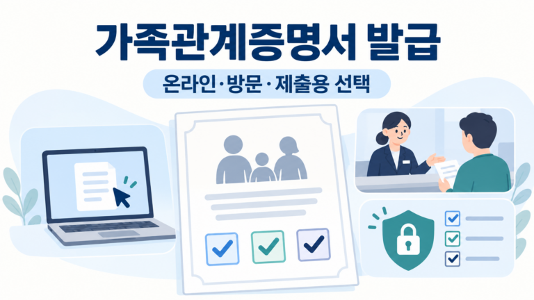 가족관계증명서 발급 방법과 온라인·방문·제출용 선택을 나타낸 일러스트