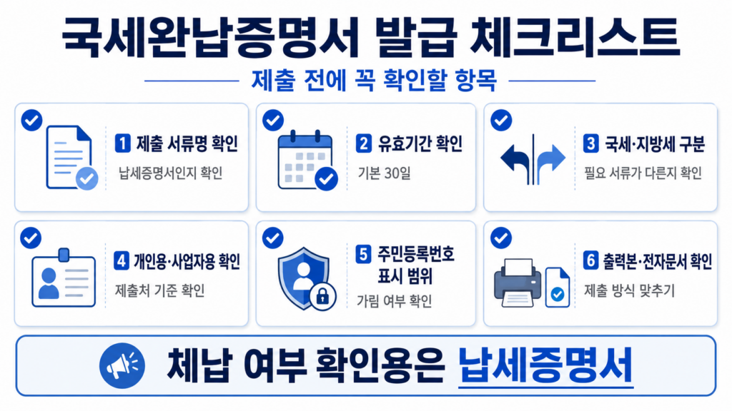 국세완납증명서 발급 전 유효기간 제출처 지방세 확인 체크리스트