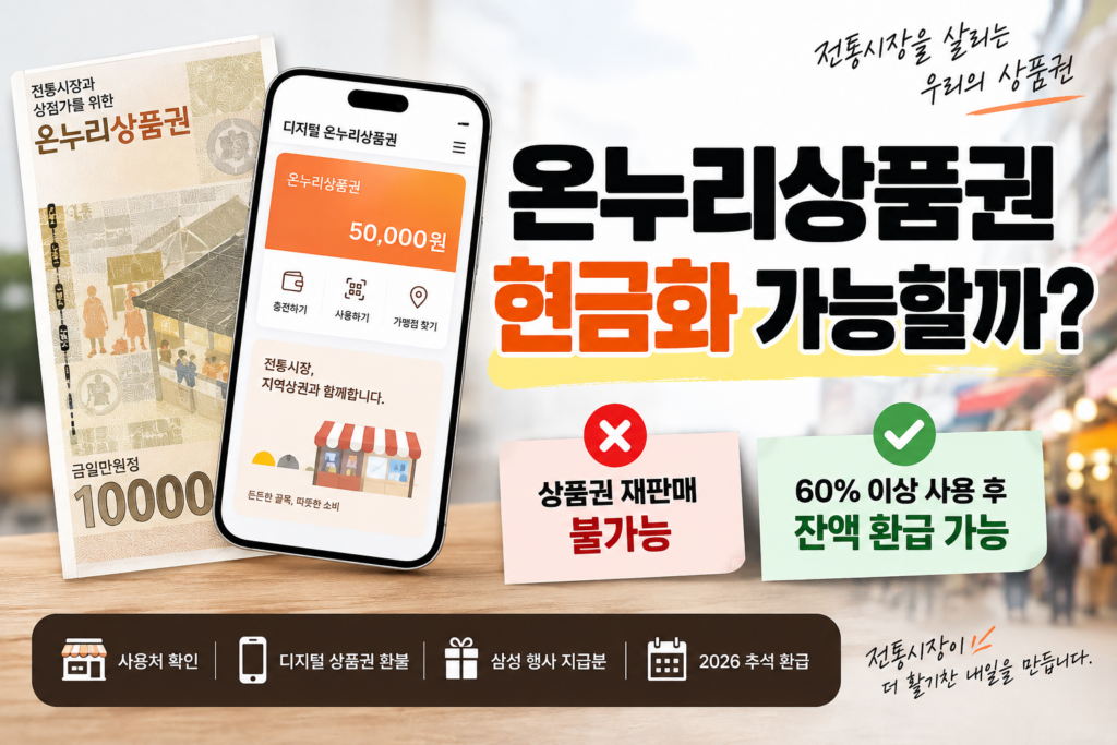 온누리상품권 현금화 가능 여부와 60% 사용 후 잔액 환급을 정리한 대표 이미지