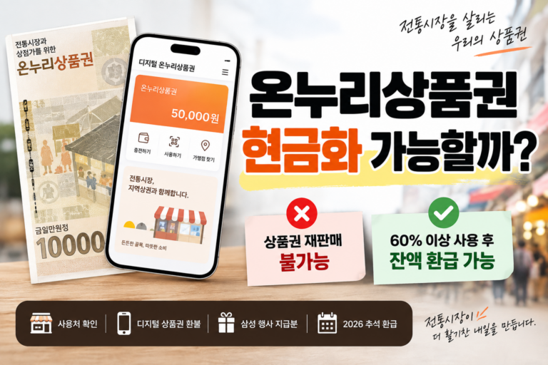 온누리상품권 현금화 가능 여부와 60% 사용 후 잔액 환급을 정리한 대표 이미지