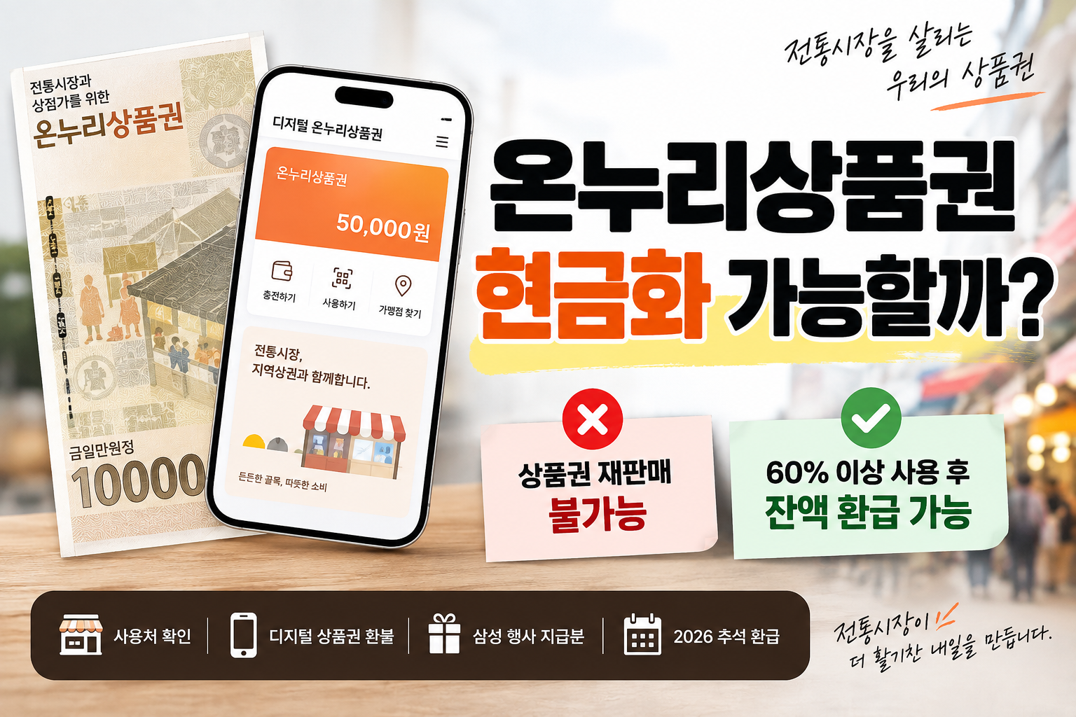 온누리상품권 현금화 가능 여부와 60% 사용 후 잔액 환급을 정리한 대표 이미지