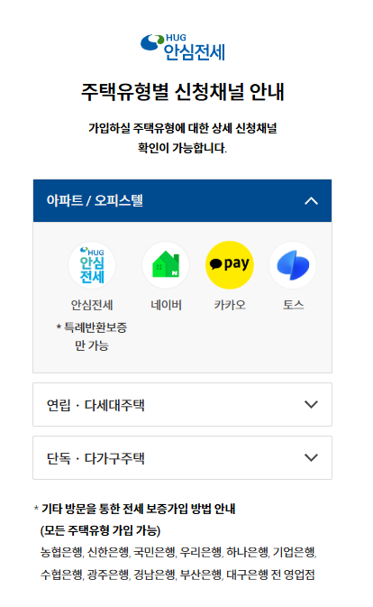 아파트 오피스텔 다세대 다가구 전세보증 신청채널 안내