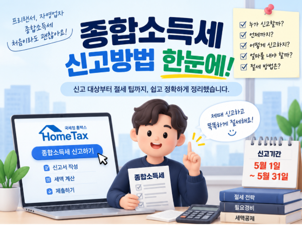 종합소득세 신고방법 신고 대상과 신고 기간, 홈택스 신고를 요약한 대표 이미지