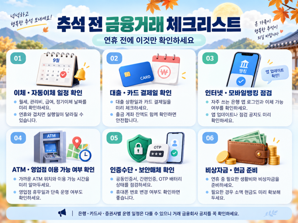 추석 은행 영업시간 전 확인할 이체한도 카드결제 ATM 금융거래 체크리스트